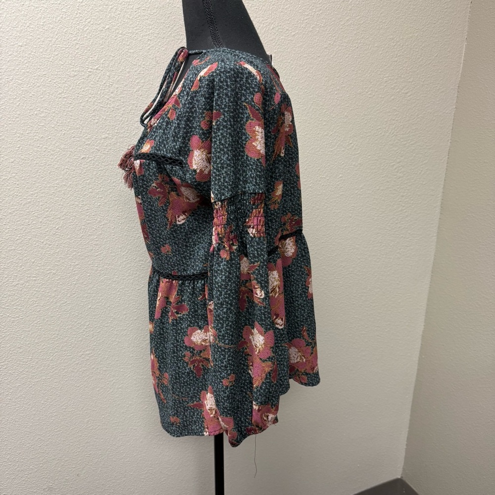 Knox Rose Boho Floral Peasant Blouse Blue Burgundy Medium Tassel - Picture 5 of 11